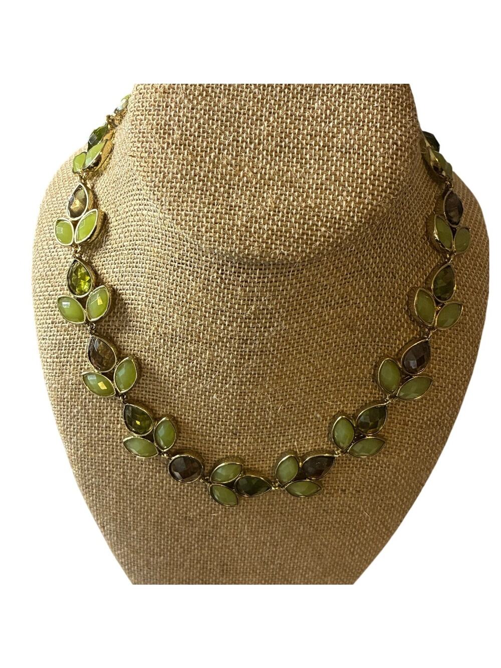 Anne Klein Gold Tone Leaf Collar Statement Necklace Green Smoky Topaz Glass